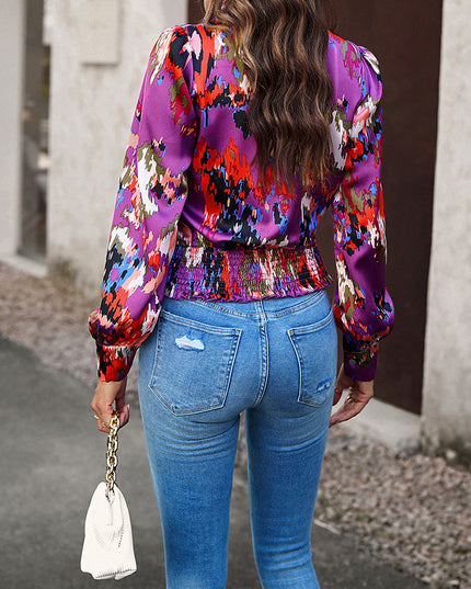 Printed Surplice Neck Long Sleeve Blouse