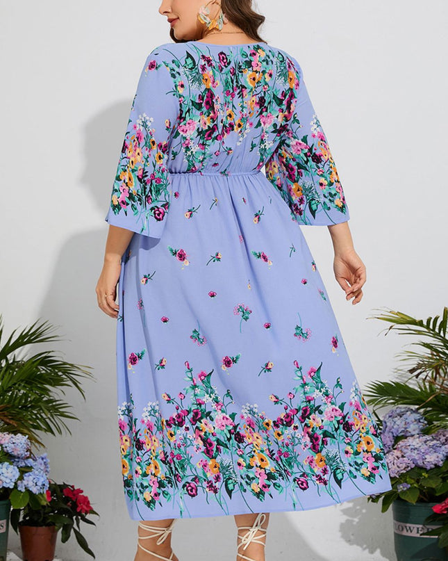 Plus Size Floral V-Neck Three-Quarter Sleeve Midi Dress