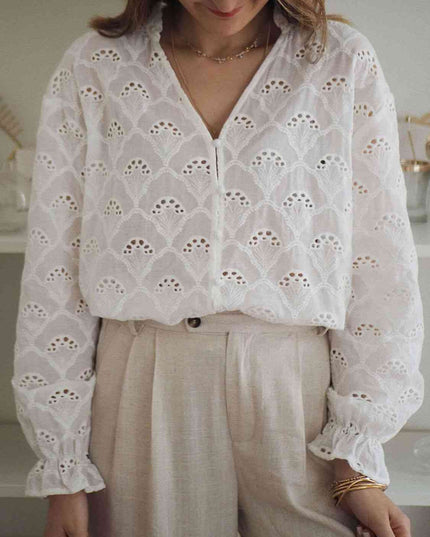 Eyelet Notched Neck Flounce Sleeve Blouse