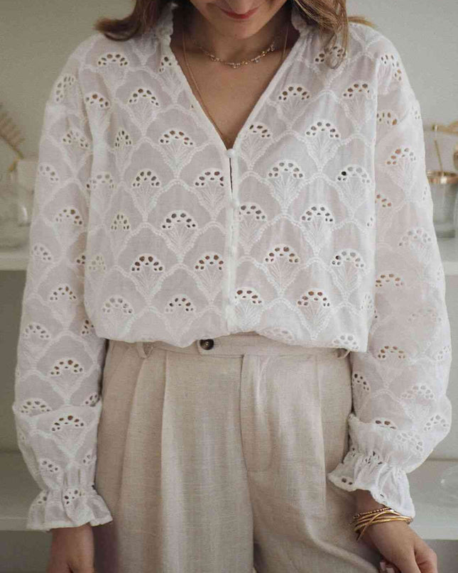 Eyelet Notched Neck Flounce Sleeve Blouse