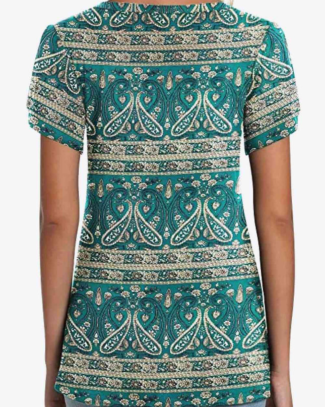 Printed Petal Sleeve V-Neck Blouse