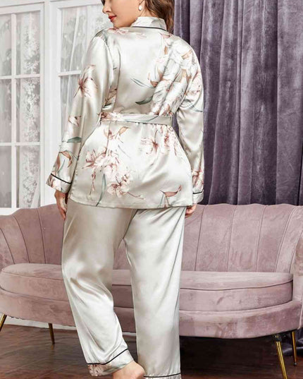 Plus Size Floral Belted Robe and Pants Pajama Set
