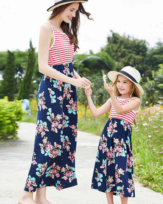 Women Striped Floral Sleeveless Dress