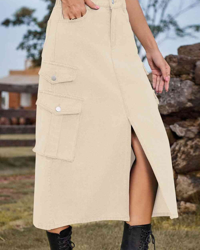 Slit Front Midi Denim Skirt with Pockets