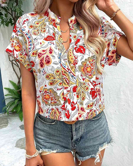 Printed Notched Neck Short Sleeve Blouse