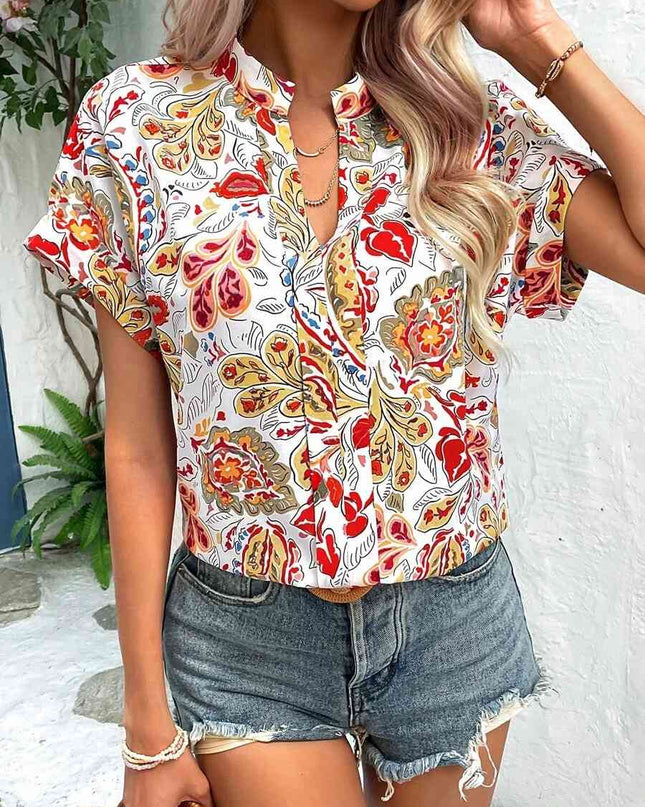Printed Notched Neck Short Sleeve Blouse