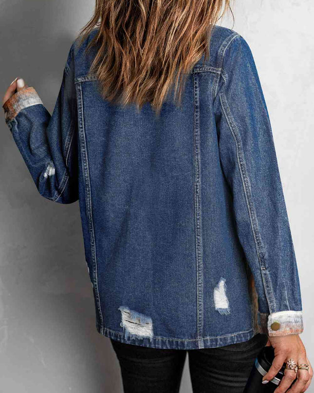Plaid Distressed Raw Hem Snap Down Denim Jacket