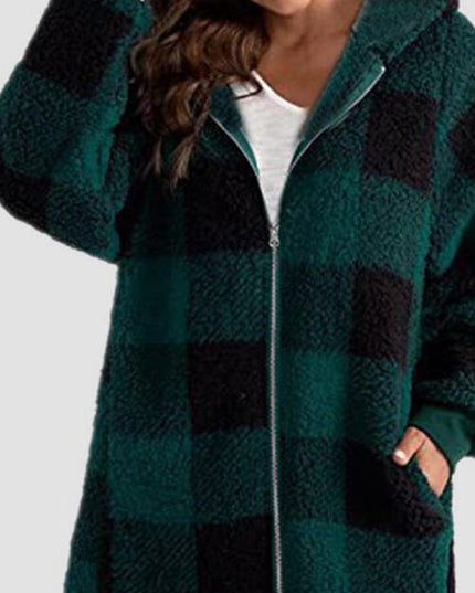 Plaid Zip Up Hooded Jacket with Pockets