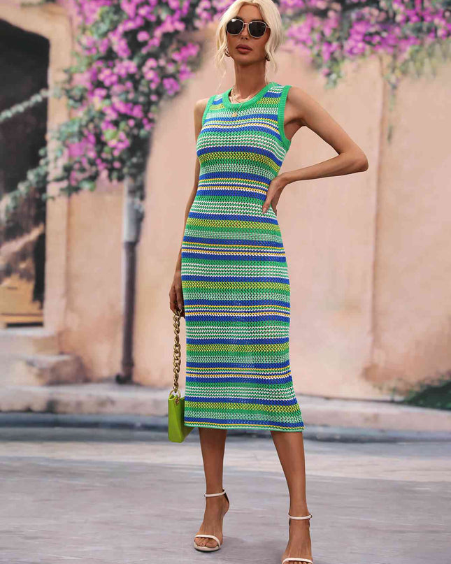 Striped Round Neck Sleeveless Midi Cover Up Dress