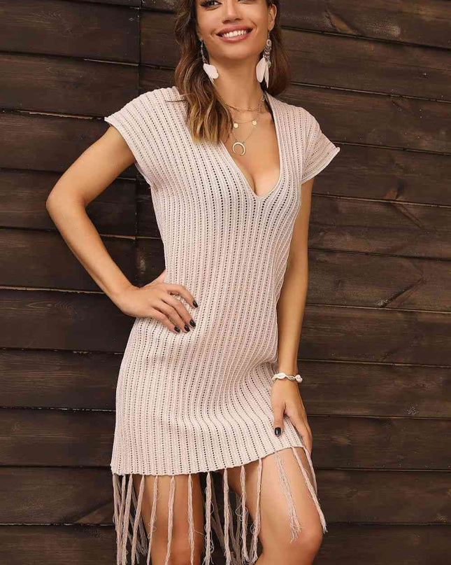 Fringe Hem Short Sleeve Deep V Cover Up Dress