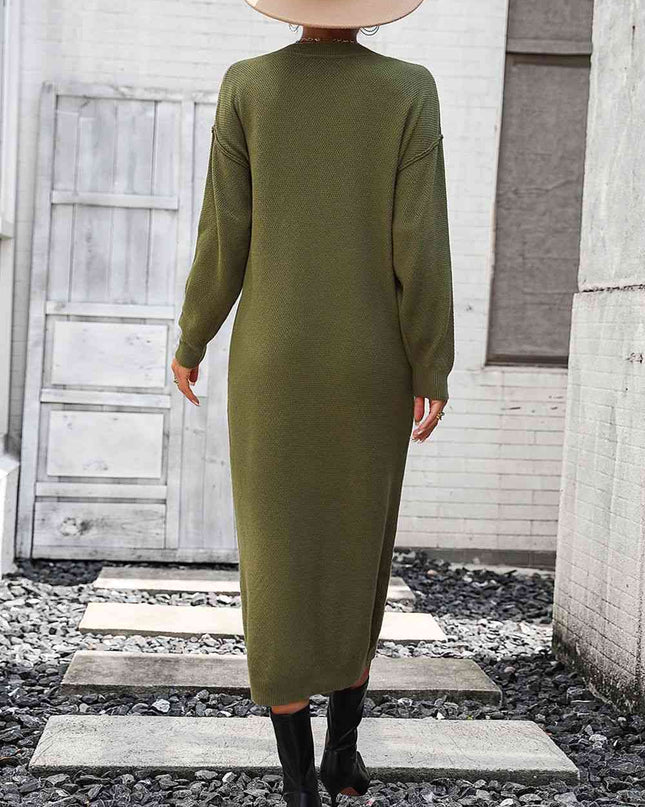 Notched Neck Dropped Shoulder Button-Down Midi Dress