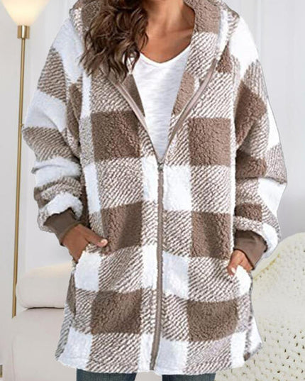 Plaid Zip Up Hooded Jacket with Pockets