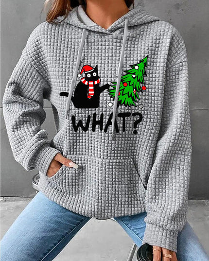 Full Size WHAT Graphic Waffle-Knit Long Sleeve Drawstring Hoodie