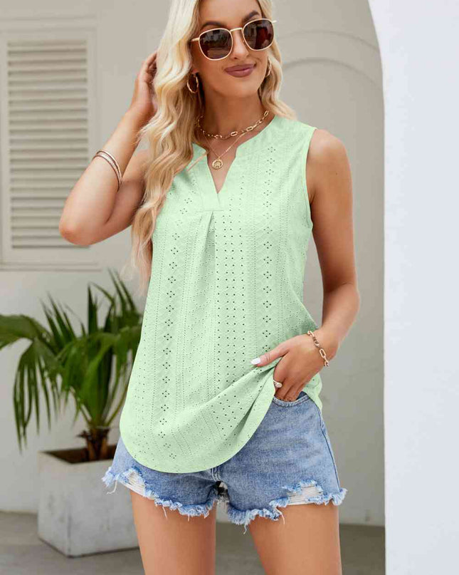 Notched Neck Curved Hem Eyelet Tank
