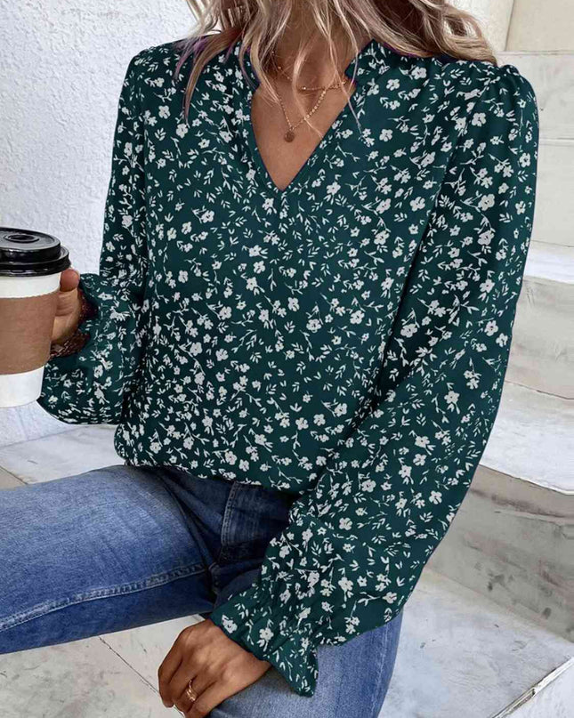 Notched Neck Flounce Sleeve Blouse