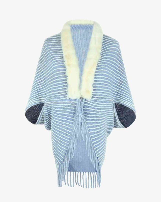 Striped Open Front Fringe Poncho