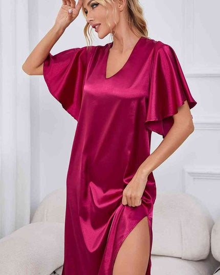 Satin Flutter Sleeve Side Slit V-Neck Night Dress