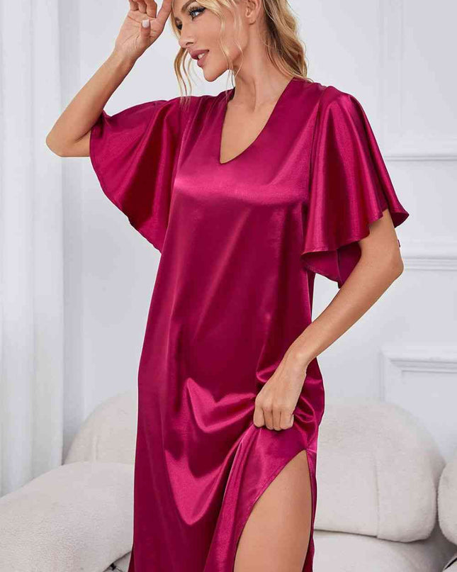 Satin Flutter Sleeve Side Slit V-Neck Night Dress