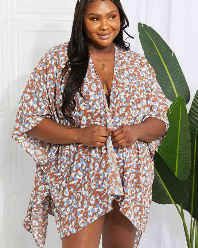Printed Open Front Three-Quarter Sleeve Cover Up