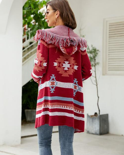 Fringe Geometric Hooded Long Sleeve Cardigan
