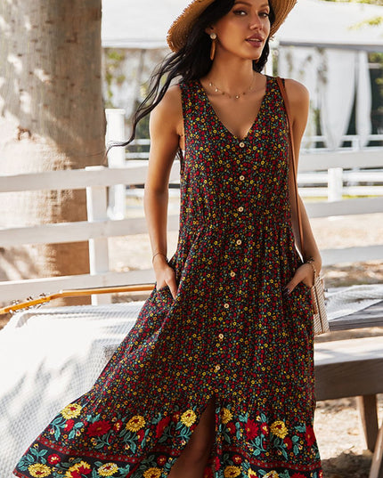 Floral Print Bohemian Style V-neck Sleeveless Midi Dress