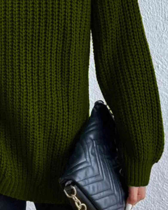 Full Size Turtleneck Rib-Knit Slit Sweater