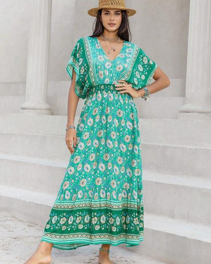 Floral V-Neck Smocked Short Sleeve Dress