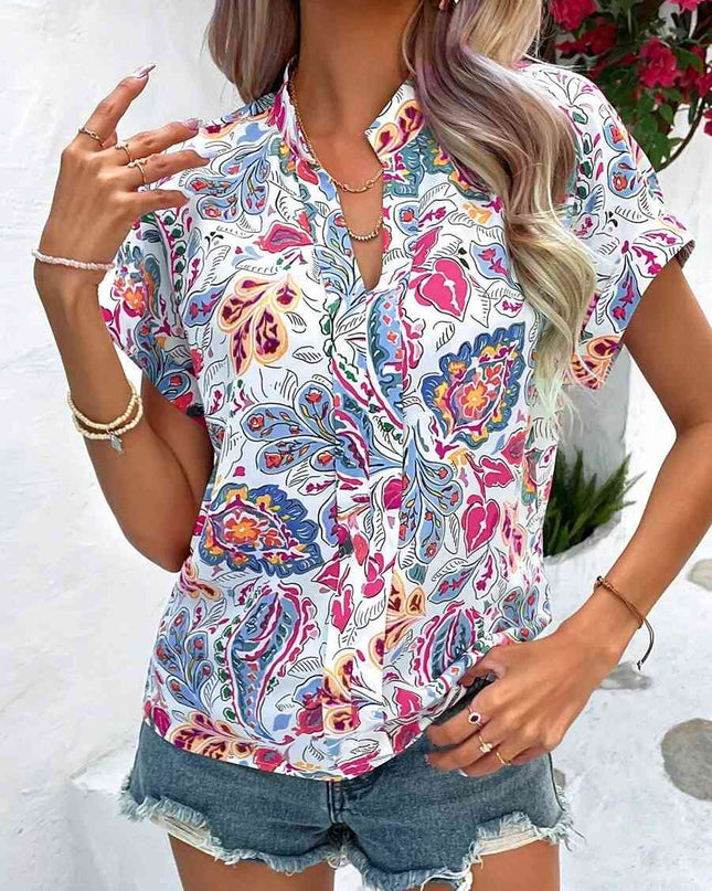 Printed Notched Neck Short Sleeve Blouse
