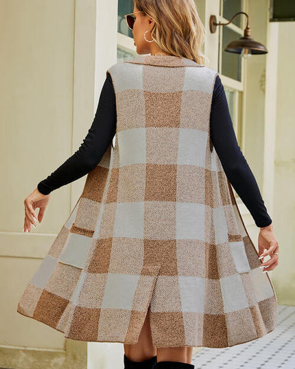 Plaid Open Front Sleeveless Cardigan with Pockets