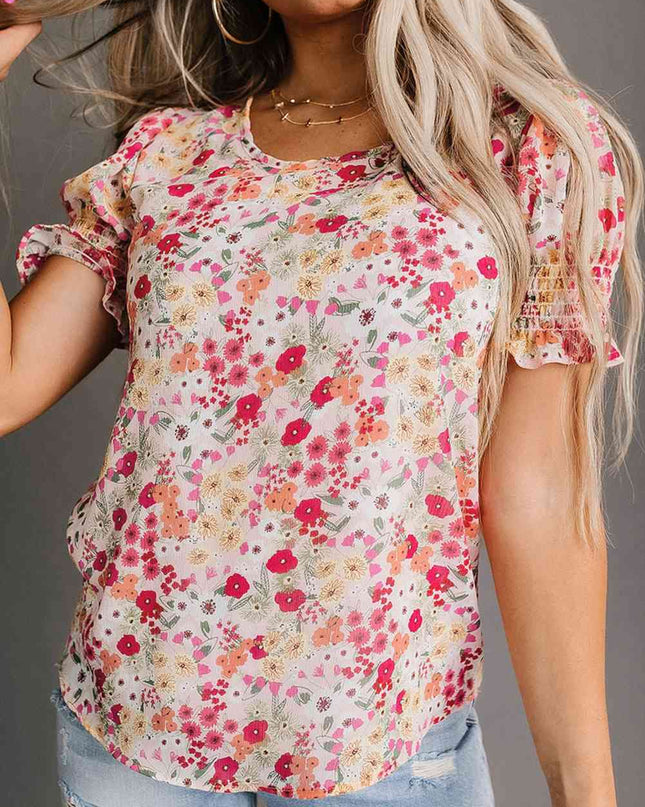 Floral Flounce Sleeve Smocked Blouse