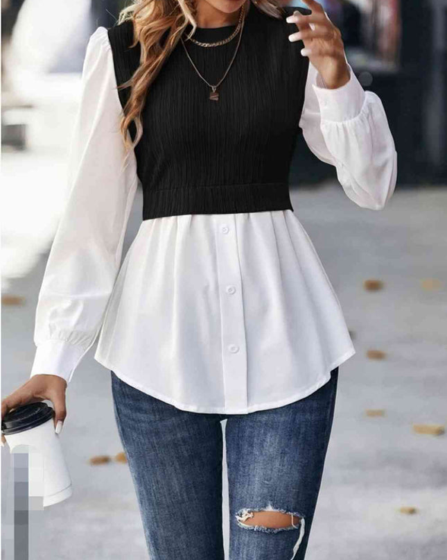 Contrast Round Neck Puff Sleeve Blouse