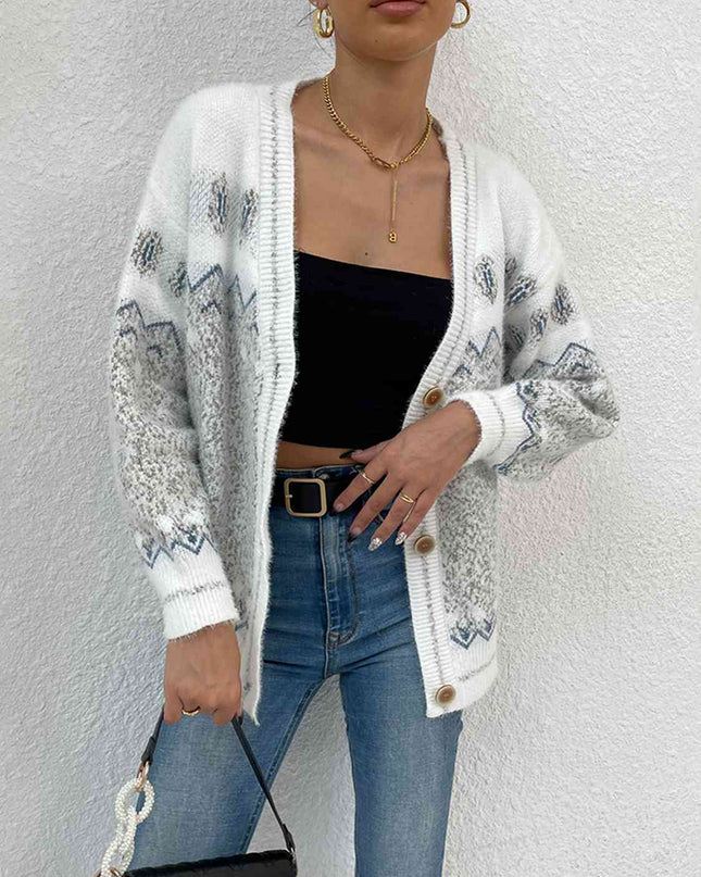 Printed Long Sleeve V-Neck Cardigan