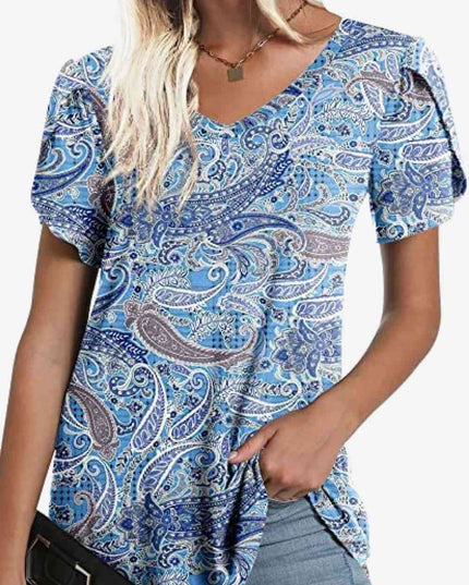 Printed Petal Sleeve V-Neck Blouse