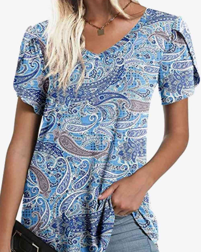Printed Petal Sleeve V-Neck Blouse