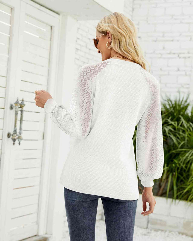 Waffle-Knit Spliced Lace Notched Top
