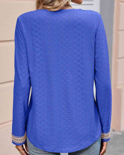 Double Take Contrast V-Neck Eyelet Long Sleeve Top