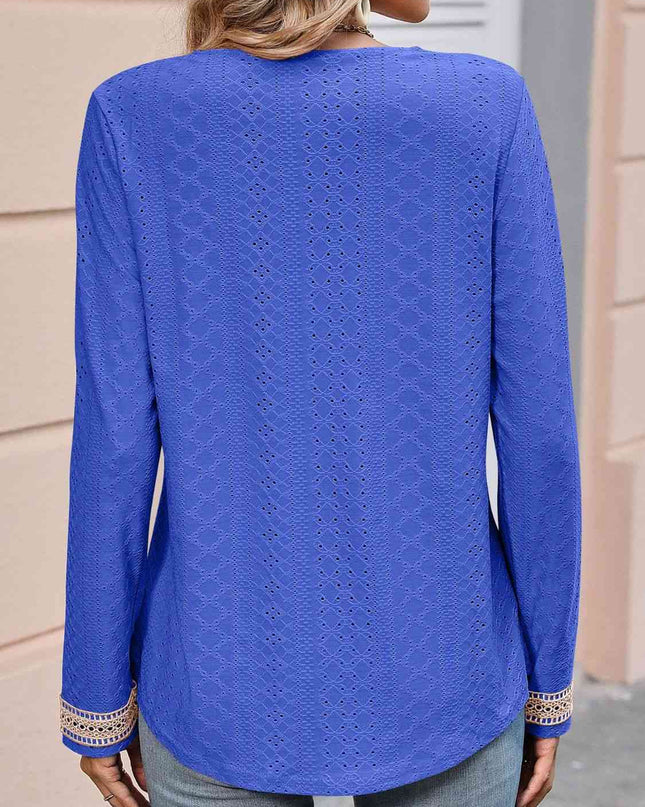 Double Take Contrast V-Neck Eyelet Long Sleeve Top