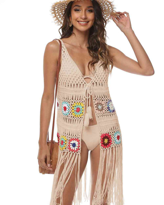 Openwork Fringe Detail Embroidery Sleeveless Cover-Up