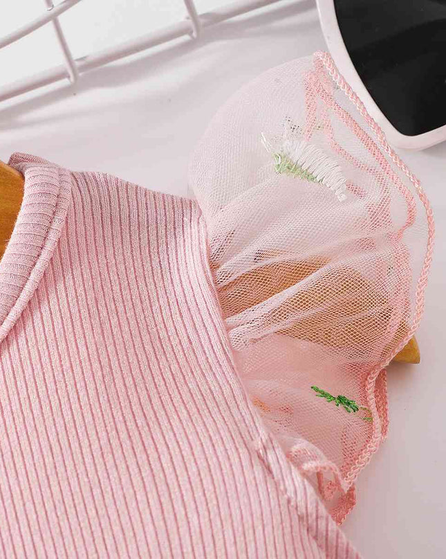 Embroidered Round Neck Flutter Sleeve Dress
