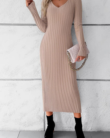 V-Neck Long Sleeve Ribbed Sweater Dress