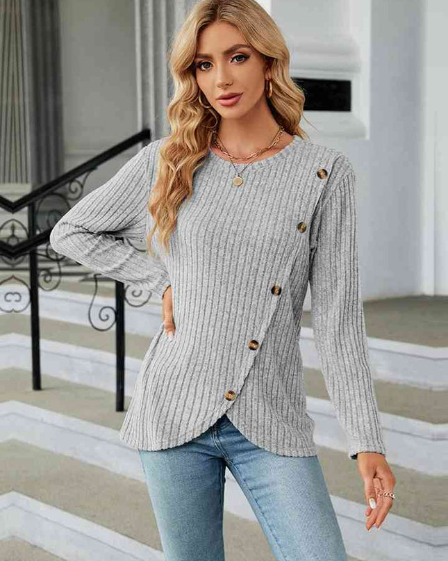 Round Neck Ribbed Button Detail Blouse