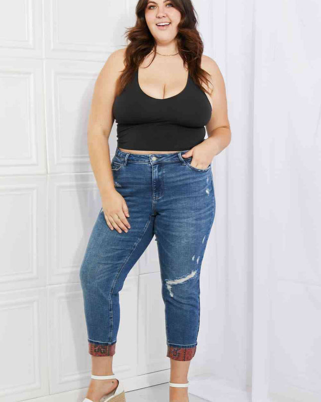 Judy Blue Gina Full Size Mid Rise Paisley Patch Cuff Boyfriend Jeans