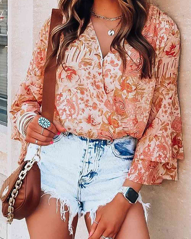 Floral Surplice Flare Sleeve Bodysuit