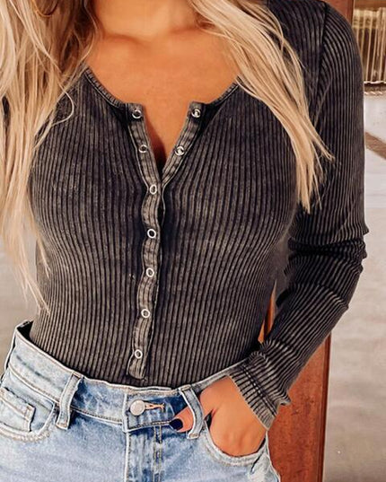 Mineral Wash Ribbed Snap Buttons Long Sleeve Bodysuit