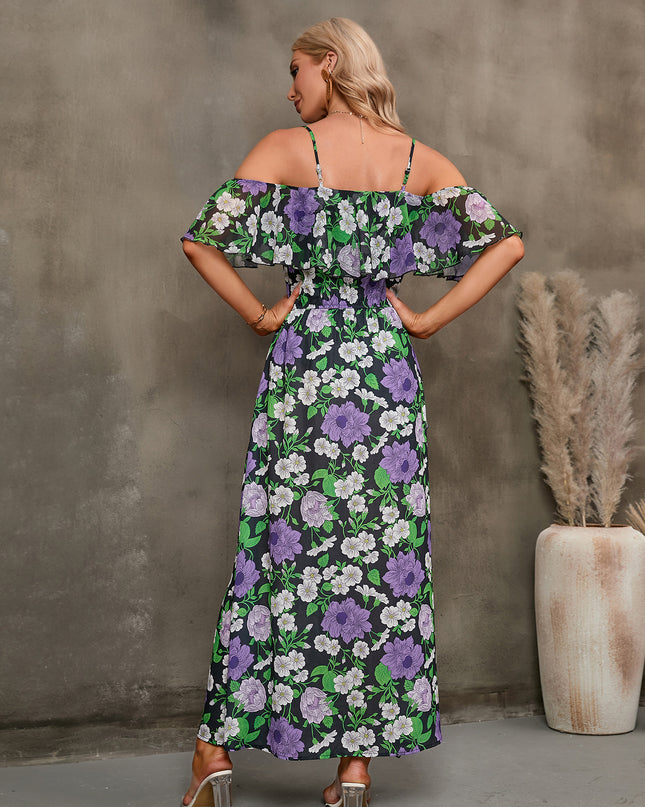 Floral Spaghetti Strap Cold-Shoulder Slit Maxi Dress
