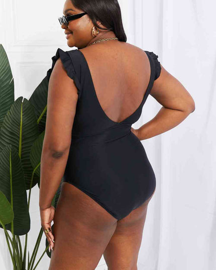 Marina West Swim Seashell Ruffle Sleeve One-Piece in Black