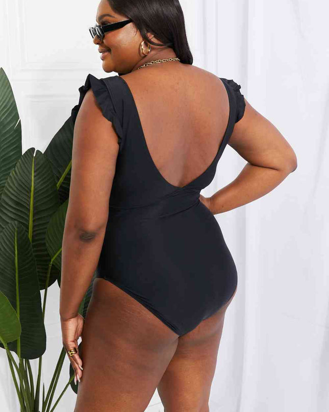 Marina West Swim Seashell Ruffle Sleeve One-Piece in Black