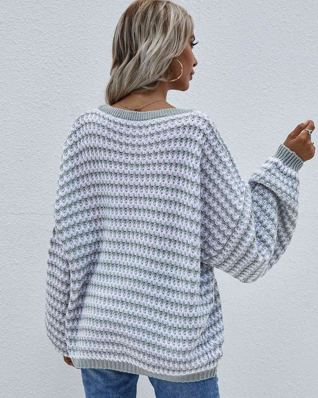 Striped Drop Shoulder V-Neck Pullover Sweater
