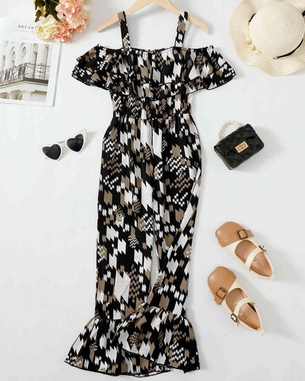 Printed Cold-Shoulder Flare Leg Jumpsuit