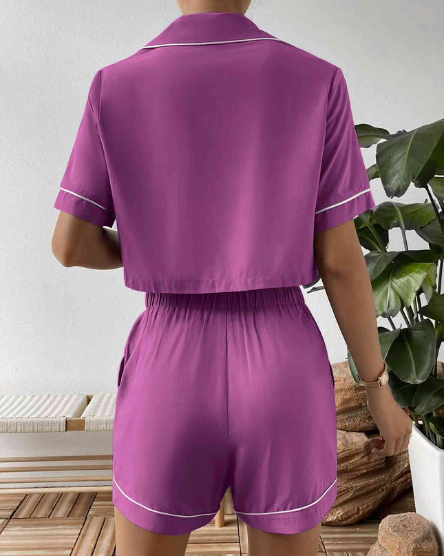 Contrast Lapel Collar Cropped Shirt and Shorts Lounge Set